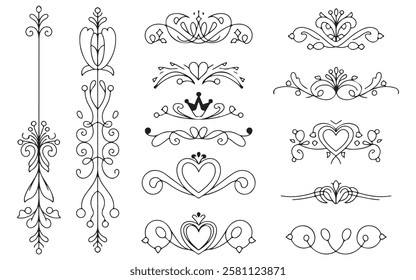 Elegant Ornamental Decorative Dividers and Flourishes , Vintage Swirl Line Art for Borders , Frames with white background