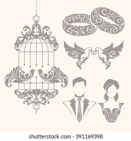 Elegant ornamental decorative wedding symbols and illustrations set for invitation, banner, poster, business sign, identity, branding. Ornate couple of doves with rings, bride, groom, couple rings