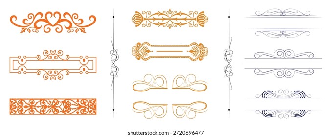 Elegante Ornamental Divider Quadros Conjunto, Vintage Flourish Line Borders Collection.