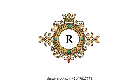 Elegant ornamental emblem featuring a regal crown and elaborate scrollwork with a central letter r and gemstone accents