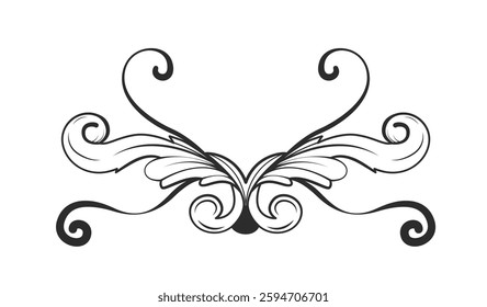 Elegant ornamental floral decoration with swirling and curved elements in black on a white background. Suitable for vintage, decorative, and artistic design concepts. Vector illustration