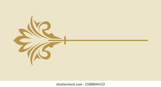 Elegant ornamental floral flourish in gold with intricate details on a beige background. Perfect for decorative vintage or antique design elements. Vector illustration