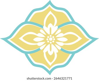 Elegant ornamental floral motif with yellow and turquoise tones. Perfect for traditional patterns, decorative elements, Islamic art, and cultural vector designs.