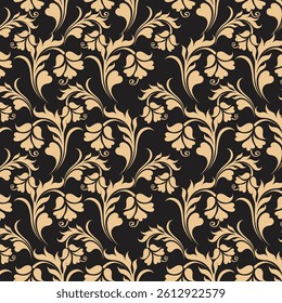 Elegant Ornamental Floral Seamless Pattern with a Beige Design on a Black Background for textile print on fabric