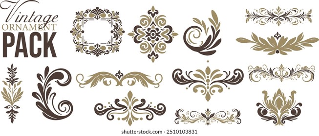 Elegante Quadros Ornamentais e Divisores de Fita Conjunto: Vinhetas desenhadas à mão, floreios e elementos decorativos para certificados e convites