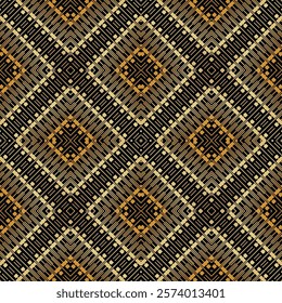 Elegant ornamental gold and black rhombus seamless pattern with ancient greek key meander, lines, rhombus. Vector luxury patterned background. Repeat textured beautiful ornaments. Endless texture.