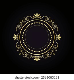 Elegant Ornamental Golden Frame with Symmetrical Floral Details on Black Background  
