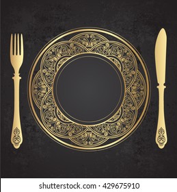 elegant ornamental knife fork and plate symbol / vector illustration