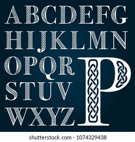Elegant ornamental letter alphabet with celtic motif. Vector font set. Template suitable for laser or die cutting.