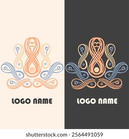 Elegant ornamental logo design showcasing intertwined patterns and swirls, combining soft pastel tones with bold contrasts.