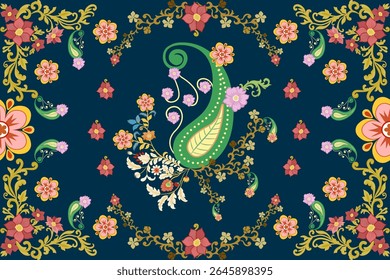 Elegant Ornamental Paisley Floral Pattern on Dark Blue Background Featuring Intricate Leaves, Blossoms, and Decorative Borders in Indian-Inspired Folk Art Style for Fabric and Textile Design