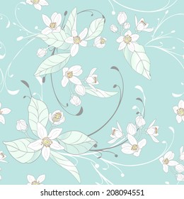 Elegant Ornamental Seamless Floral Vector Pattern with Orange Blossoms, Leaves and Vines