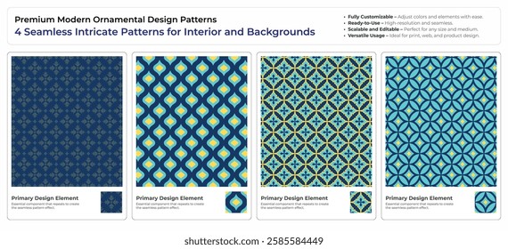 Elegant Ornamental Seamless Patterns Texture - 4 Intricate Vector Designs for Interior and Digital Backgrounds