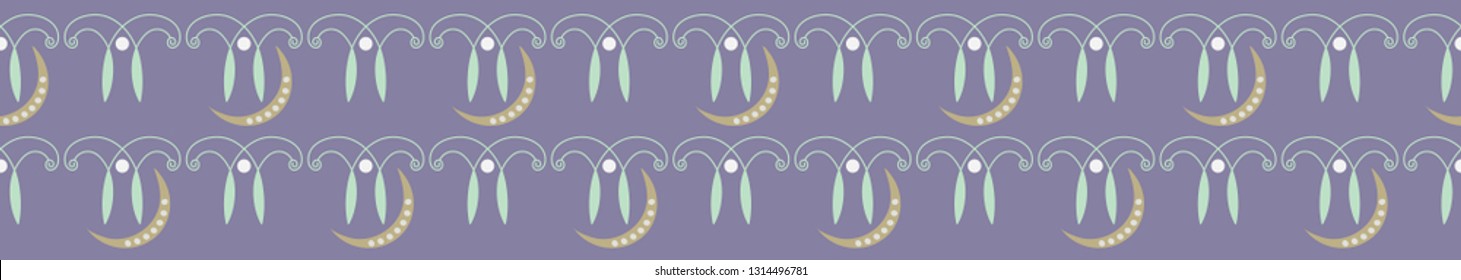 Elegant ornamental seamless vector border pattern with gold crescent moons. Abstract, with an Art Nouveau, Art Deco style. Lavender background with mint green, gold, cream design. Edge trim, ribbon.