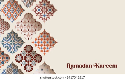 Elegant ornamental warm colored Moroccan tiles, patterns. Cut out arabesque window. Greeting card, invitation. Muslim holiday Ramadan Kareem. Vector illustration background, Eid Mubarak banner