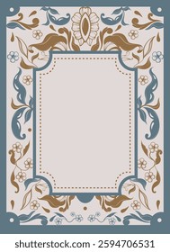 Elegant ornate certificate frame with intricate floral patterns in blue and gold on a cream background. Decorative vintage-style border for formal documents. Vector illustration