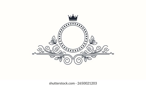 Elegant ornate circular emblem with crown and flourishes for luxury designs and royal branding applications