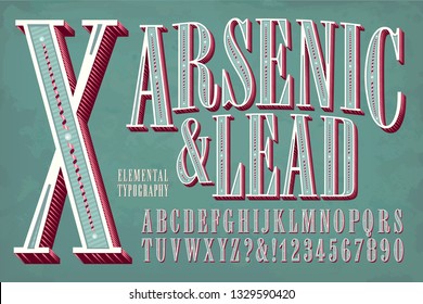 An elegant and ornate condensed alphabet with an antique Victorian look. This font has an old-world vintage quality and color palette