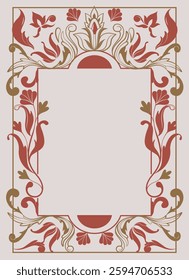 Elegant ornate floral decorative frame with intricate golden and red elements on a light background. Perfect for invitations, certificates, or vintage designs. Vector illustration