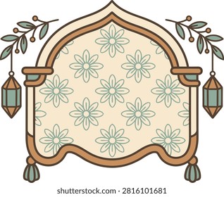 An elegant, ornate frame featuring a vintage floral pattern, decorated with hanging lanterns and botanical accents, perfect for traditional celebrations.