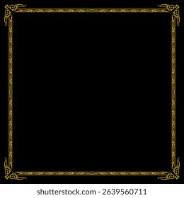 An elegant, ornate gold vector frame with intricate scrollwork details at the corners, set against a solid black background	