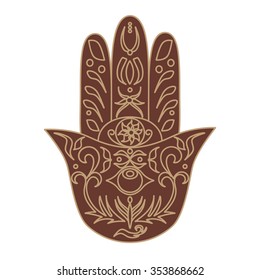 Elegant ornate hand drawn Hamsa. Hand of Fatima. Good luck and protection amulet in Indian, Arabic Jewish cultures. Ornamental isolated vector illustration.Card with symbol of strength and happiness.
