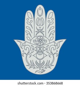 Elegant ornate hand drawn Hamsa. Hand of Fatima. Good luck and protection amulet in Indian, Arabic Jewish cultures. Ornamental isolated vector illustration.Card with symbol of strength and happiness.
