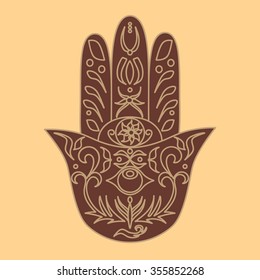 Elegant ornate hand drawn Hamsa. Hand of Fatima. Good luck and protection amulet in Indian, Arabic Jewish cultures. Ornamental isolated vector illustration.Card with symbol of strength and happiness.
