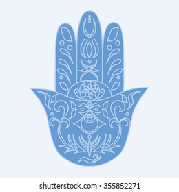 Elegant ornate hand drawn Hamsa. Hand of Fatima. Good luck and protection amulet in Indian, Arabic Jewish cultures. Ornamental isolated vector illustration.Card with symbol of strength and happiness.
