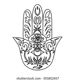 Elegant ornate hand drawn Hamsa. Hand of Fatima. Good luck and protection amulet in Indian, Arabic Jewish cultures. Ornamental isolated vector illustration.Card with symbol of strength and happiness.

