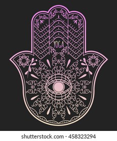 Elegant ornate hand drawn Hamsa Hand of Fatima. Good luck amulet. Yoga sign.  Vintage style isolated vector illustration. 