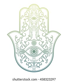 Elegant ornate hand drawn Hamsa Hand of Fatima. Good luck amulet in Indian, Arabic Jewish cultures. Vintage style isolated vector illustration. 