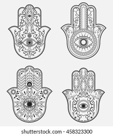 Elegante mano ornamentada dibujada mano Hamsa Mano de Fátima. Mulet de buena suerte en las culturas judía india, árabe. Ilustración vectorial de conjunto aislado de estilo vintage. 