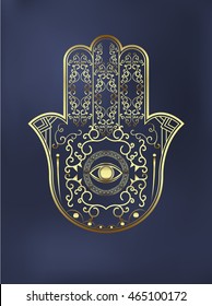 Elegant ornate hand drawn Hamsa Hand of Fatima. Good luck amulet in Indian, Arabic Jewish cultures. Vintage style isolated vector illustration.