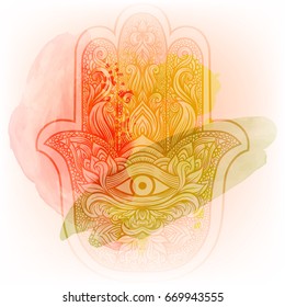 Elegant ornate hand drawn Hamsa Hand of Fatima. Good luck amulet in Indian, Arabic Jewish cultures. Vintage style handcrafted watercolor isolated vector illustration.