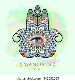 Elegant ornate hand, hamsa, universal sign of protection, watercolor background. Hand drawn tribal ornament, lace, mandala, for greeting, invitation card, or cover. Vector illustration.