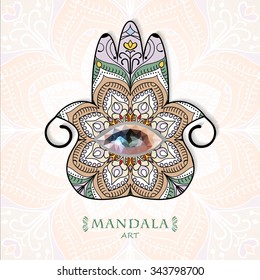 Elegant ornate hand, hamsa, universal sign of protection, mandala background. Hand drawn tribal ornament, lace, for greeting, invitation card, or cover. Vector illustration.