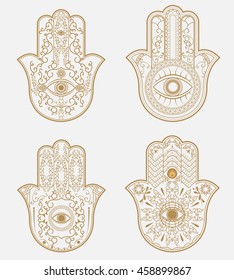 Elegant ornate henna tattoo. Hamsa Hand of Fatima. Good luck amulet in Indian, Arabic Jewish cultures. Vintage style isolated vector illustration.