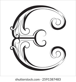 Elegant Ornate Letter Design with Intricate Swirls and Flourishes in Black and White – Tribal, Baroque, and Calligraphic Typography Art.