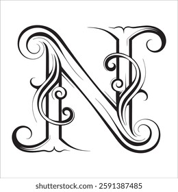 Elegant Ornate Letter Design with Intricate Swirls and Flourishes in Black and White – Tribal, Baroque, and Calligraphic Typography Art.