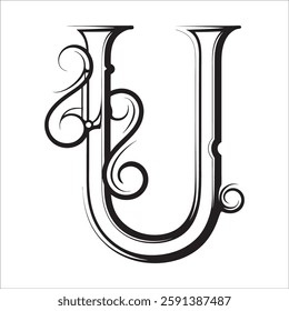 Elegant Ornate Letter Design with Intricate Swirls and Flourishes in Black and White – Tribal, Baroque, and Calligraphic Typography Art.