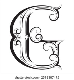 Elegant Ornate Letter Design with Intricate Swirls and Flourishes in Black and White – Tribal, Baroque, and Calligraphic Typography Art.