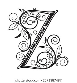 Elegant Ornate Letter Design with Intricate Swirls and Flourishes in Black and White – Tribal, Baroque, and Calligraphic Typography Art.