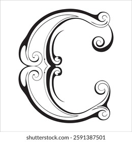 Elegant Ornate Letter Design with Intricate Swirls and Flourishes in Black and White – Tribal, Baroque, and Calligraphic Typography Art.