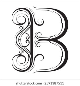 Elegant Ornate Letter Design with Intricate Swirls and Flourishes in Black and White – Tribal, Baroque, and Calligraphic Typography Art.