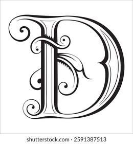 Elegant Ornate Letter Design with Intricate Swirls and Flourishes in Black and White – Tribal, Baroque, and Calligraphic Typography Art.