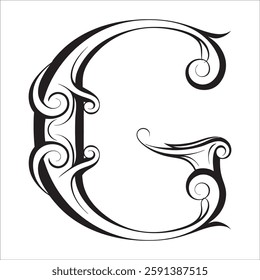 Elegant Ornate Letter Design with Intricate Swirls and Flourishes in Black and White – Tribal, Baroque, and Calligraphic Typography Art.