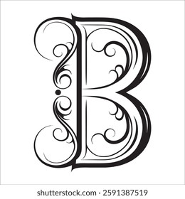 Elegant Ornate Letter Design with Intricate Swirls and Flourishes in Black and White – Tribal, Baroque, and Calligraphic Typography Art.