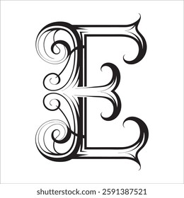 Elegant Ornate Letter Design with Intricate Swirls and Flourishes in Black and White – Tribal, Baroque, and Calligraphic Typography Art.