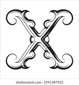 Elegant Ornate Letter Design with Intricate Swirls and Flourishes in Black and White – Tribal, Baroque, and Calligraphic Typography Art.